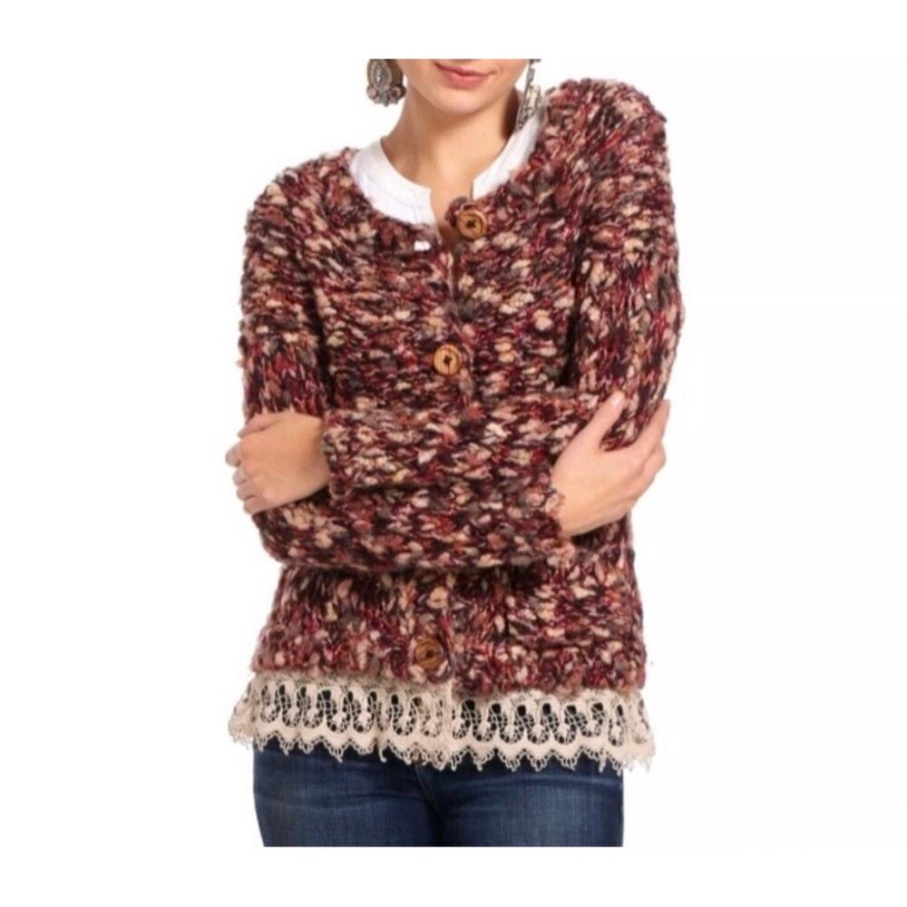 Anthropologie Chunky Knit Lace Trim Cardigan Shabby Chic Sz Small